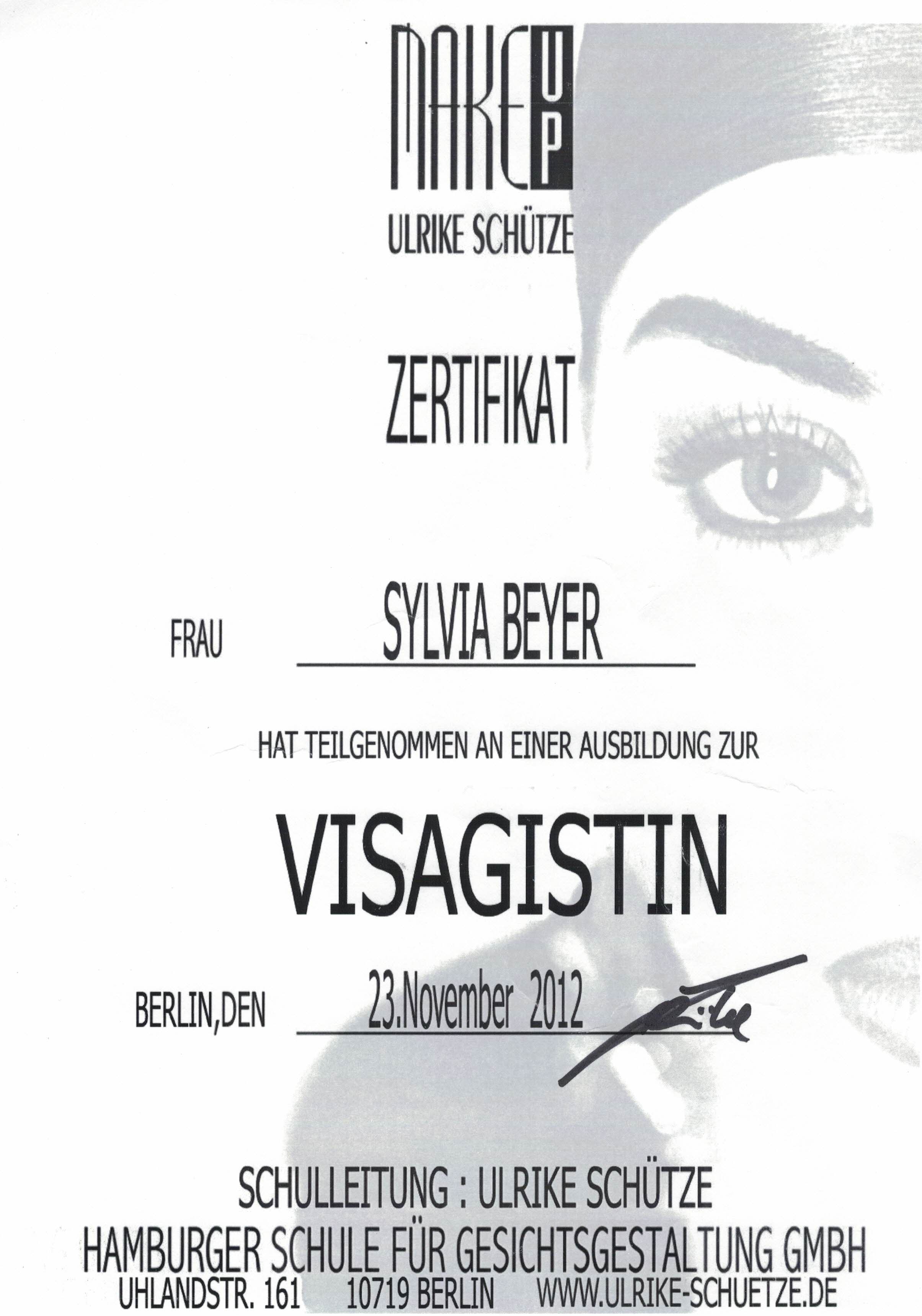 Zertifikat Visagistin von Sylvia Beyer