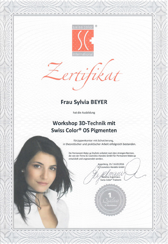 Zertifikat zum Workshop 3D Technik mit Swiss Color Pigmenten